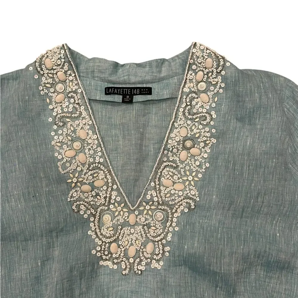 Lafayette 148 Womens Blue White beaded Long sleeve blouse size 18 - Picture 8 of 10